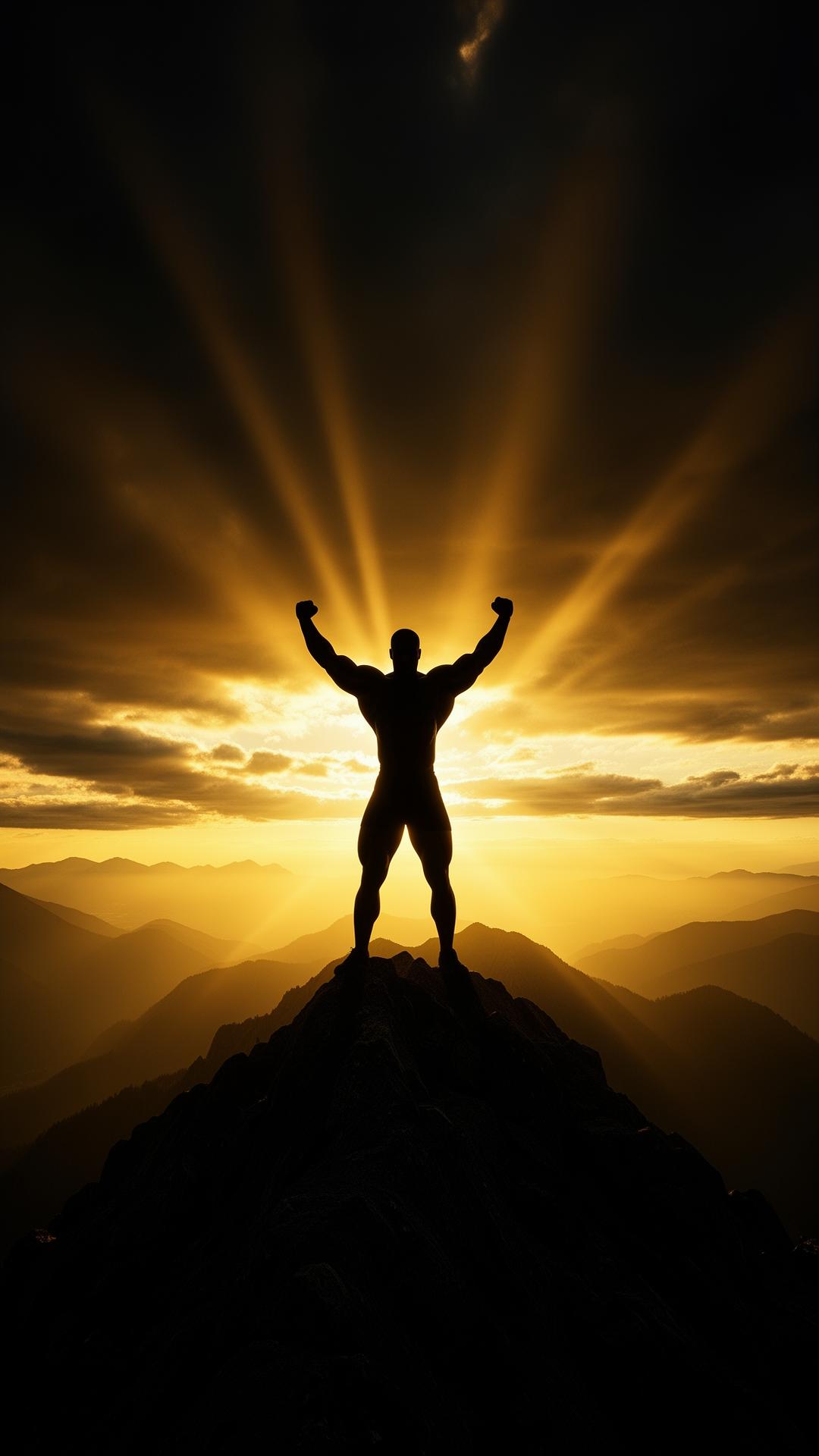 Hombre fuerte alzando los brazos sobre la cima de una montaña al amanecer